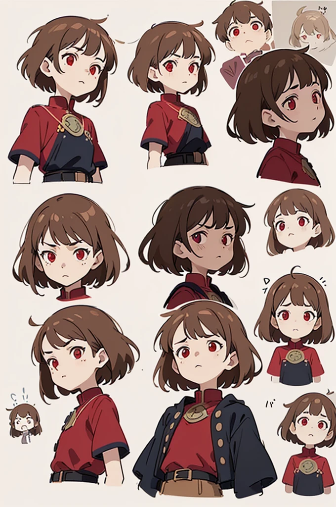 ((expressions sheet)), (simplified face portrait), (headshot) (sketch art), (masterpiece, sidelighting, finely detailed red eyes: 1.2), anime, solo, 1girl, small girl, childish body, unsatisfied expression, bored, pale skin, short brown hair, messy haircut, (fantasy medieval clothes)), (red shirt), ((belts on clothes)),
