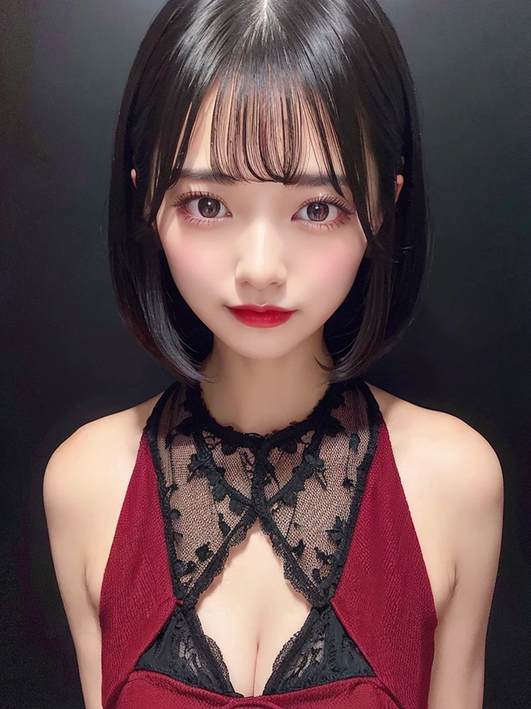 a beautiful woman with short black hair, wearing a red dress, with a medium bust size, against a black background, ultra realistic, ultra detailed, high quality, best quality, masterpiece, HD, 4K, 70mm lens