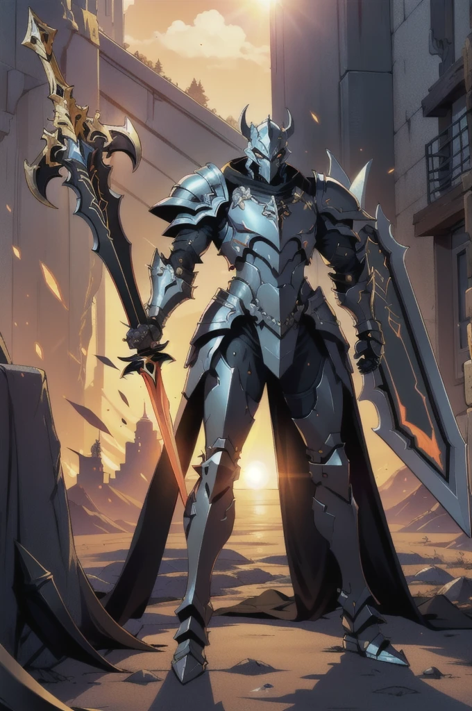 The whole body of a demonic demon man with a big sword and a sun shield, gold and black armor, demon armor, from head to toes, corrupted armor, bright sun color reflected armor, gold demon armor, sun conjuring armored, devilcore, lord of the sun, arte conceitual digital devilcore, sun knight, arte conceitual devilcore, Armadura Daedric, shadow armor, sun armor, sword and shield, big shield, enormous shield