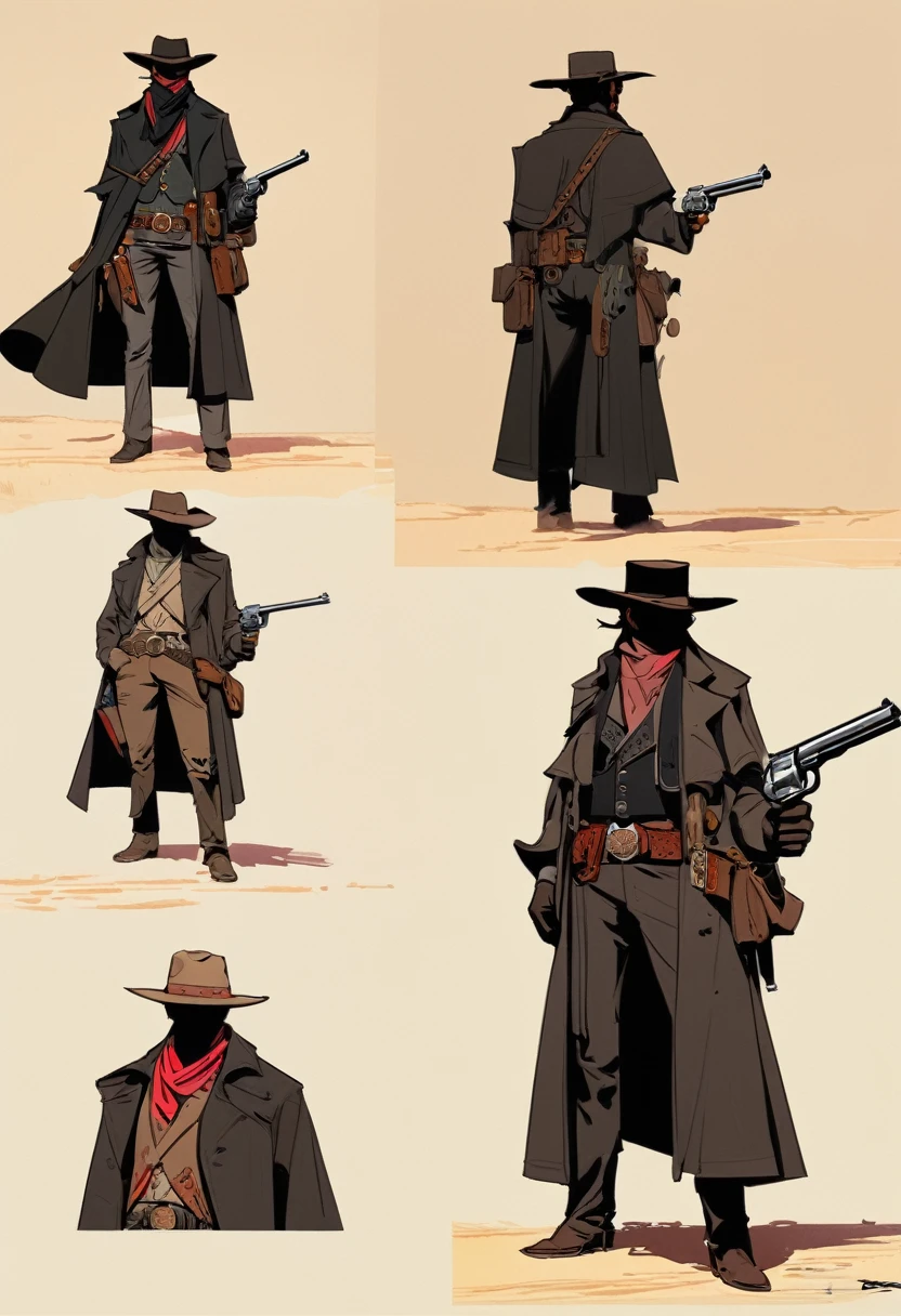 score_9, score_8_up, score_7_up, score_6_up, score_5_up, score_4_up, 1man, Western, Desert, red sun, scorching sun, arid, Horizon, far away, Wild West, red dead Redemption, cartoon art style, Holstered pistol, ready to draw, black hat, black overcoat, dark, Bandit, old west town, City