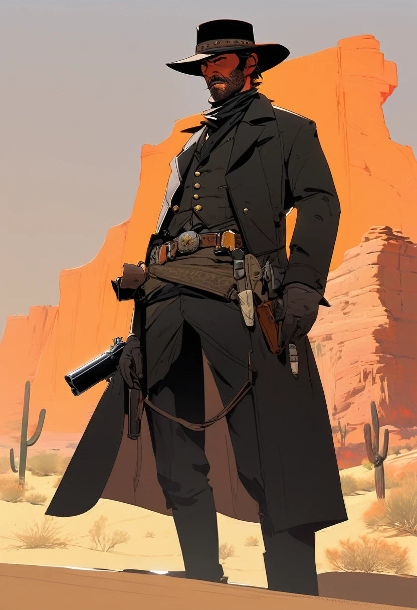 score_9, score_8_up, score_7_up, score_6_up, score_5_up, score_4_up, 1man, Western, Desert, red sun, scorching sun, arid, Horizon, far away, Wild West, red dead Redemption, cartoon art style, Holstered pistol, ready to draw, black hat, black overcoat, dark, Bandit, old west town, City