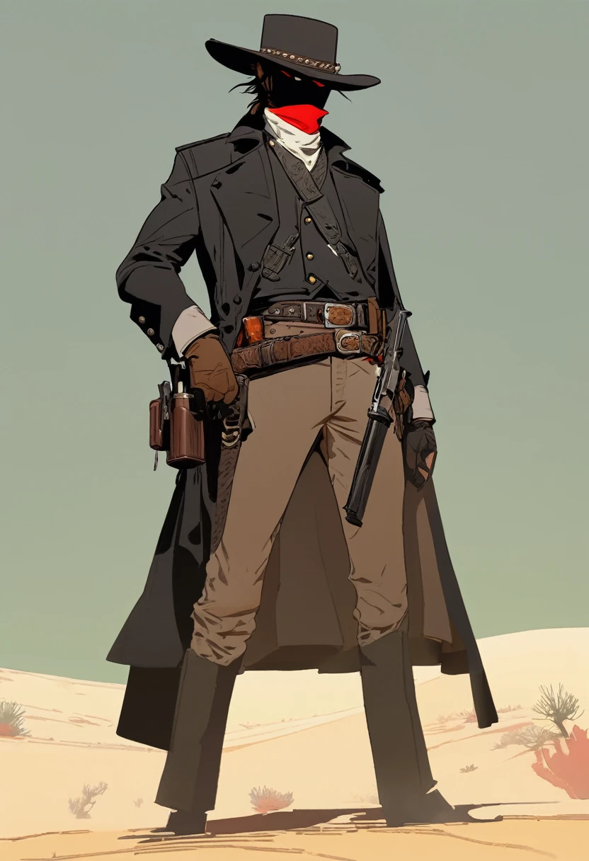 score_9, score_8_up, score_7_up, score_6_up, score_5_up, score_4_up, 1man, Western, Desert, red sun, scorching sun, arid, Horizon, far away, Wild West, red dead Redemption, cartoon art style, Holstered pistol, ready to draw, black hat, black overcoat, dark, Bandit, old west town, City