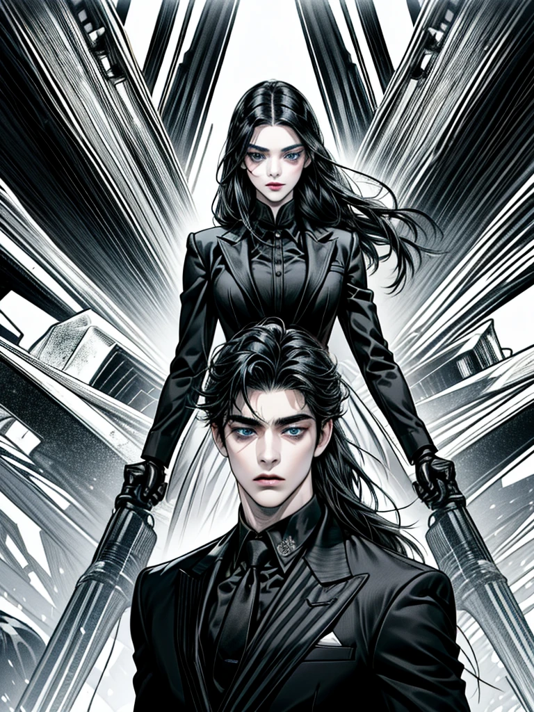 (a cool boy with black hair, black eyes and wearing black suit and a girl with white long hair, blue eyes are lover