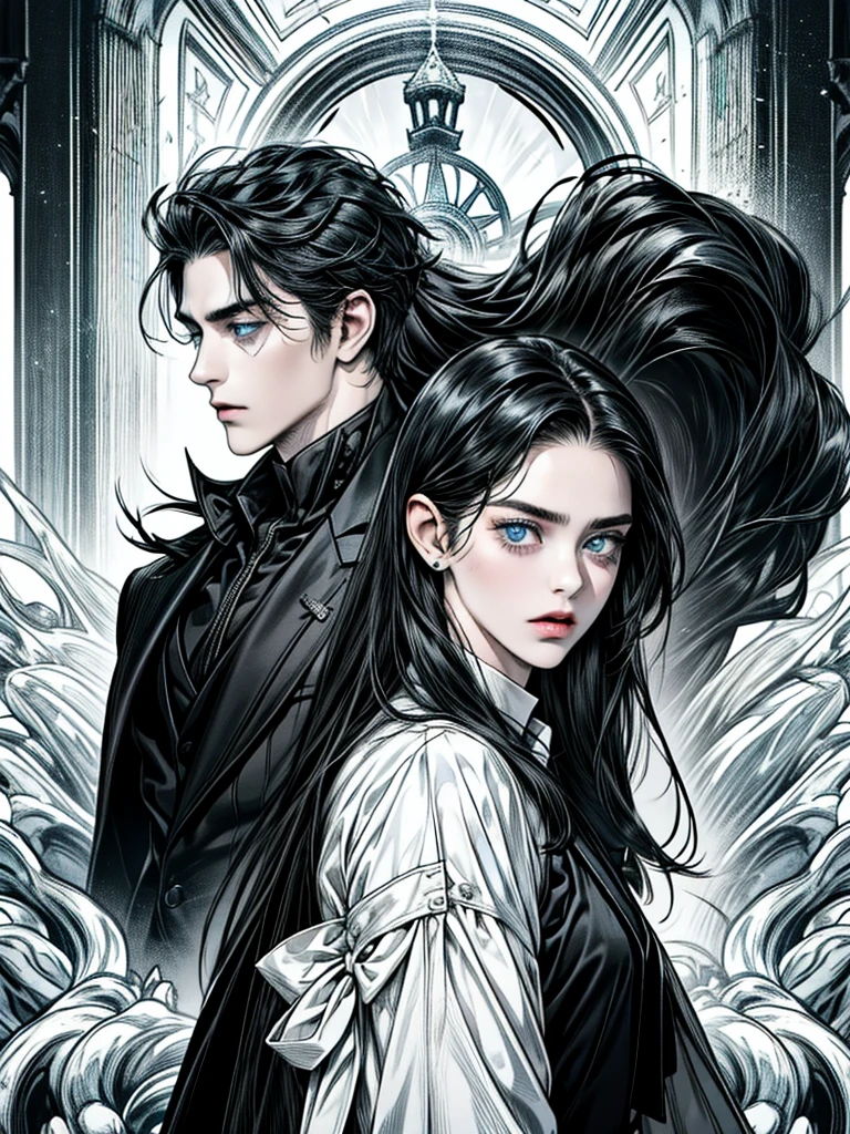 (a cool boy with black hair, black eyes and wearing black suit and a girl with white long hair, blue eyes are lover