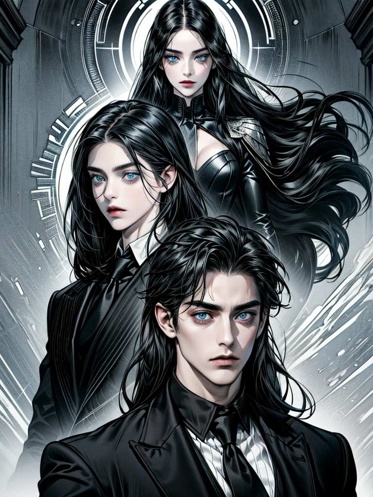 (a cool boy with black hair, black eyes and wearing black suit and a girl with white long hair, blue eyes are lover
