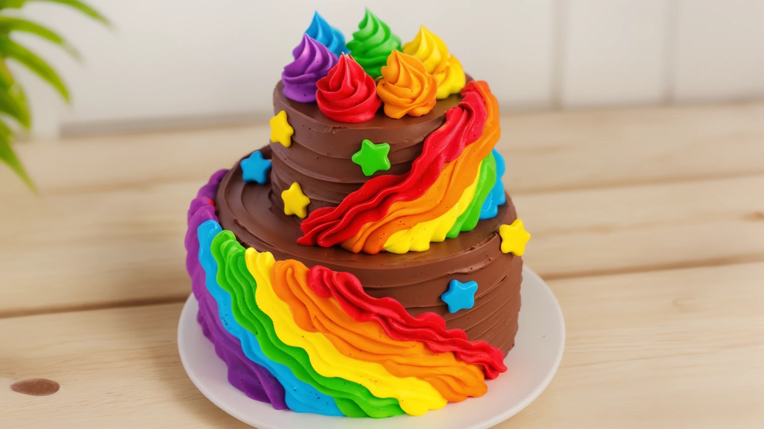 on a wooden table. there is a white plate. double tier chocolate cake ((chocolate cream texture, strokes of a pastry spatula)), rainbow cream in stitches, decorated with rainbow stars made of polymer clay, multi-colored cream on top ((cream highlights)), Beautiful light from the window, contour light, Multiple light sources, beautiful lighting, Bright light source, bright lighting, beautiful light sources, Multiple light sources, Realistic style , realistic texture, detailed texture, A high resolution, high quality, macro photography