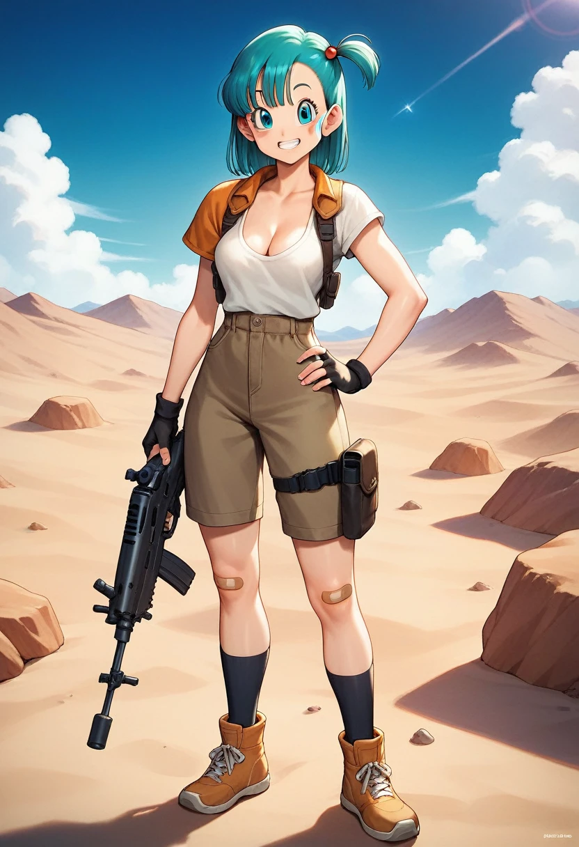 bulma,dragon ball,1girl,solo,medium hair, hair bobbles,one side up, aqua eyes, aqua hair,slender waist,medium breast,fair complexion,young woman,slim figure build,brown_fingerless gloves, socks, shoes,blue sky,White cloud,grin,asymmetrical_legwear,bandaid_on_cheek,brown_pants,boots,bandaid_on_knee,single_pantsleg,goggles_around_neck,hand_on_own_hip,white_shirt,holding_submachine_gun,dirtbike,bandaid_on_leg,hair_bobbles,cleavage,looking_at_viewer,standing,,shirt_tucked_in,desert,outdoors,shoulder_pads,holster,
