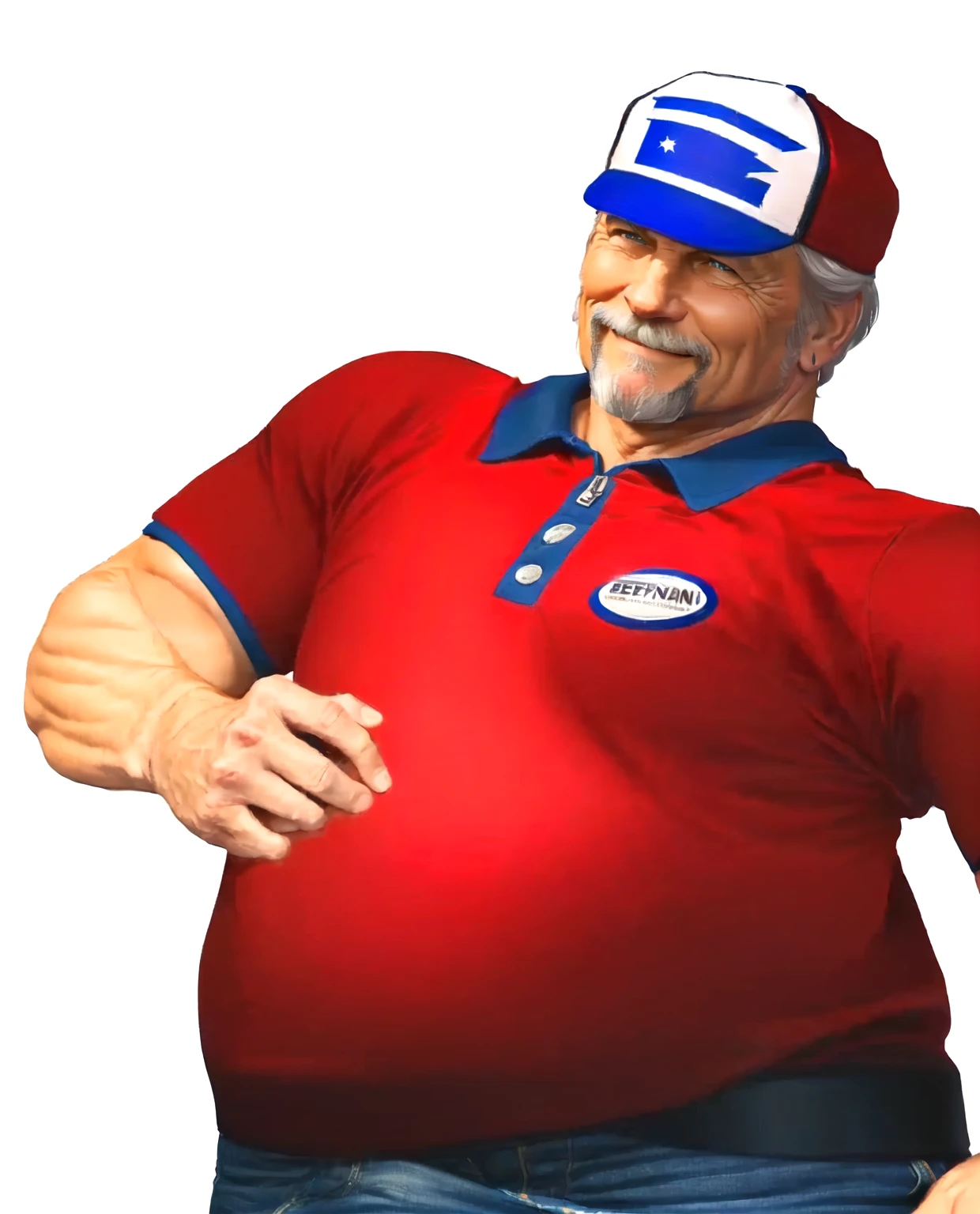 a close up of a man in his 60s wearing a red shirt and blue jeans, as a character in tekken, beefy, realistic textures, jeff bridges with a goatee, best friend smiling at you with encouragement, Out Run 2 flagman, 2 k, 2k, muscular bernie sanders, buff man, character from king of fighters, robust stocky body, hide the pain harold, name of character is flagman, wise face, his cap has a SEGA logo on it, (short GREY hair)