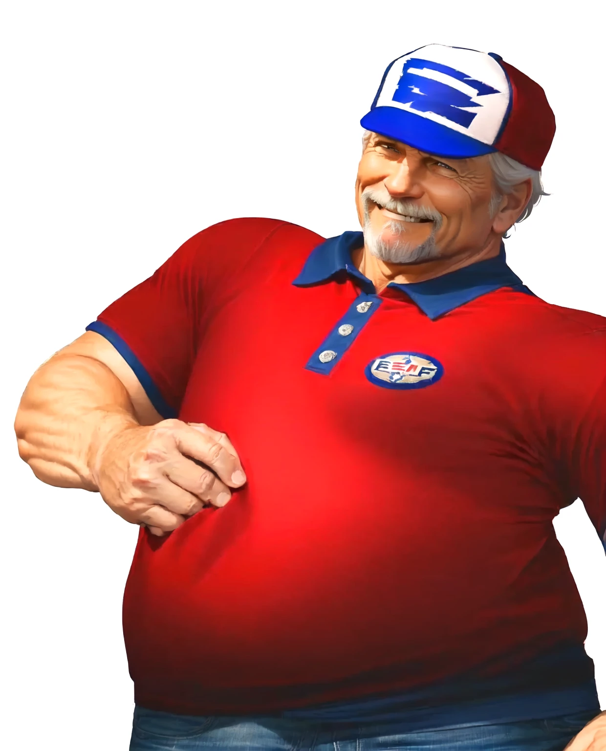 a close up of a man in his 60s wearing a red shirt and blue jeans, as a character in tekken, beefy, realistic textures, jeff bridges with a goatee, best friend smiling at you with encouragement, Out Run 2 flagman, 2 k, 2k, muscular bernie sanders, buff man, character from king of fighters, robust stocky body, hide the pain harold, name of character is flagman, wise face, his cap has a SEGA logo on it, (short GREY hair)