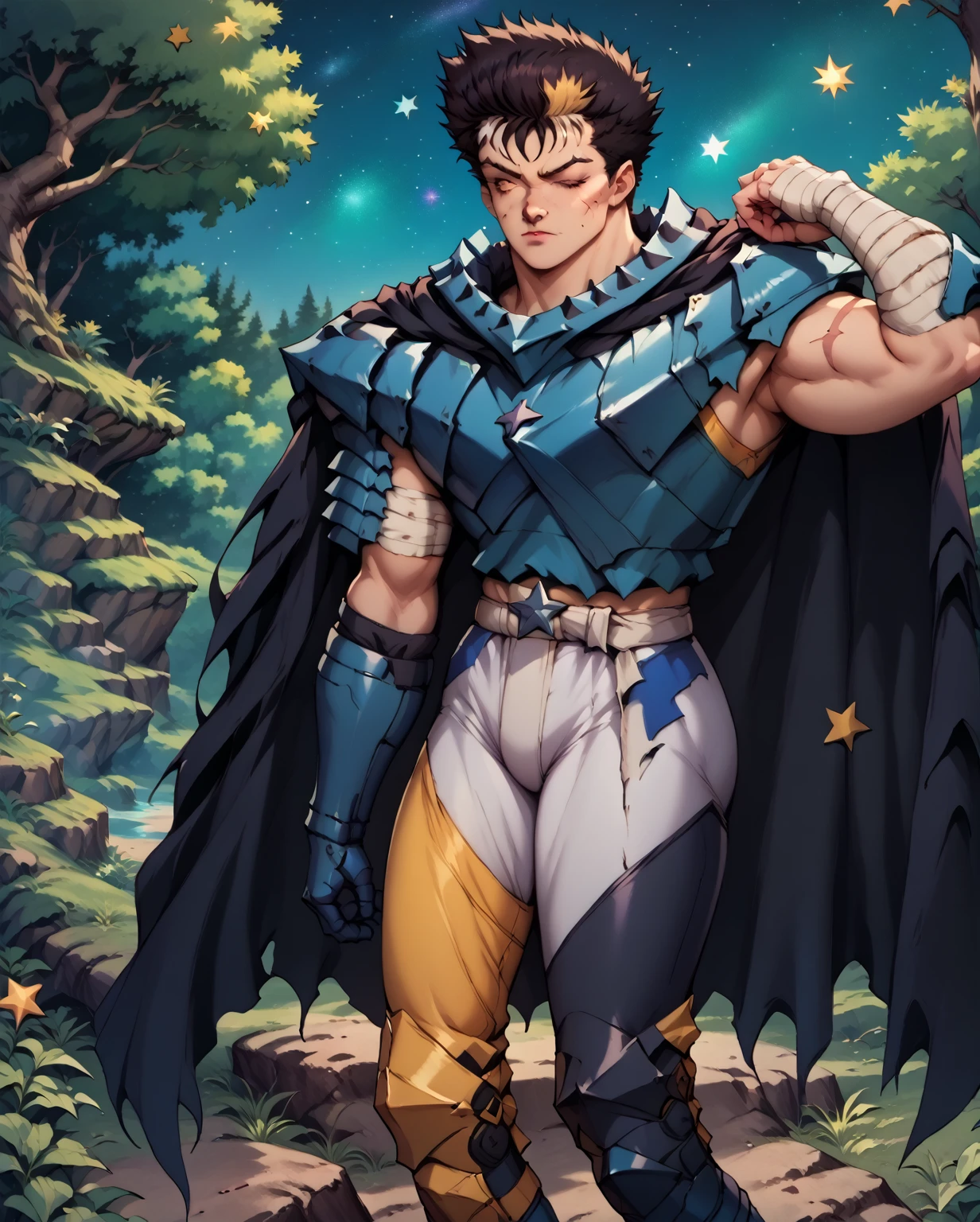 score_9, score_8_up, score_7_up, masterpiece, best quality, highly detailed, Guts_Armor, brown eyes, short hair, multicolored hair, spiked hair, black armor, shoulder armor, gauntlets, greaves, bandaged arm, black cape, torn cape, scar on nose, nose scar, one eye closed, muscular male, (night:1.2), a lot of stars, (bright stars:1.2), forest, ultra detailed, focus on face, detailed face, manly face, full length, cowboy shot, kawaii, oldschool, retro artsyle
 