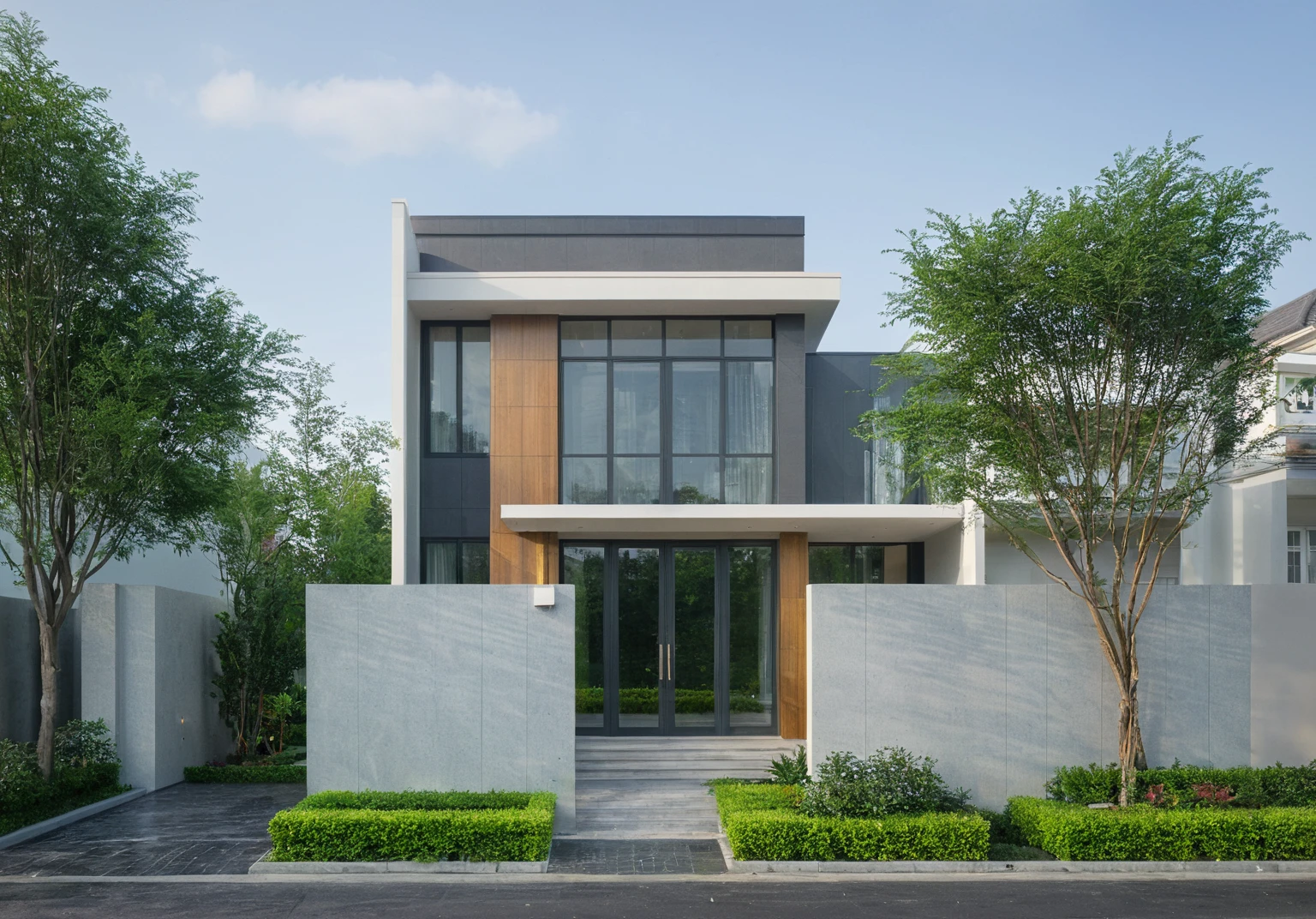 modern villa on street, (daylight), tropical tree, green shrub and plants, vivid color, streetcapes, minimalist design, brigth grey tone, (large glass door:1.2), warm interior lighting, modern material, best quality, ultra realistic, masterpiece,