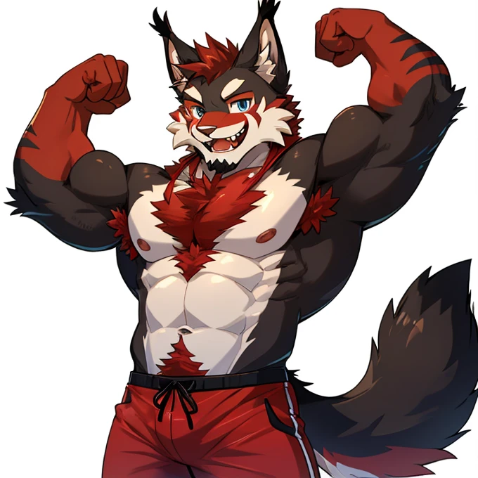((Furry lynx cat)), ((chibi)), body fully covered in black fur, ((fully covered in black fur)), ((black fur)), sharp fangs, sharp teeth, summer shorts outfit, cute, blue eyes, red chest hair, red eyebrows, red armpit hair, black tail, black tail with red tip, red whiskers, happy, smile, correct Anatomy, correct hand, ((white background)), (Acting happy), (hands up), enjoy, ((front view)), full body, y, (flexing), (muscle), black tail, black tail red tail tip, red eyebrows, red chest hair, red armpit hair