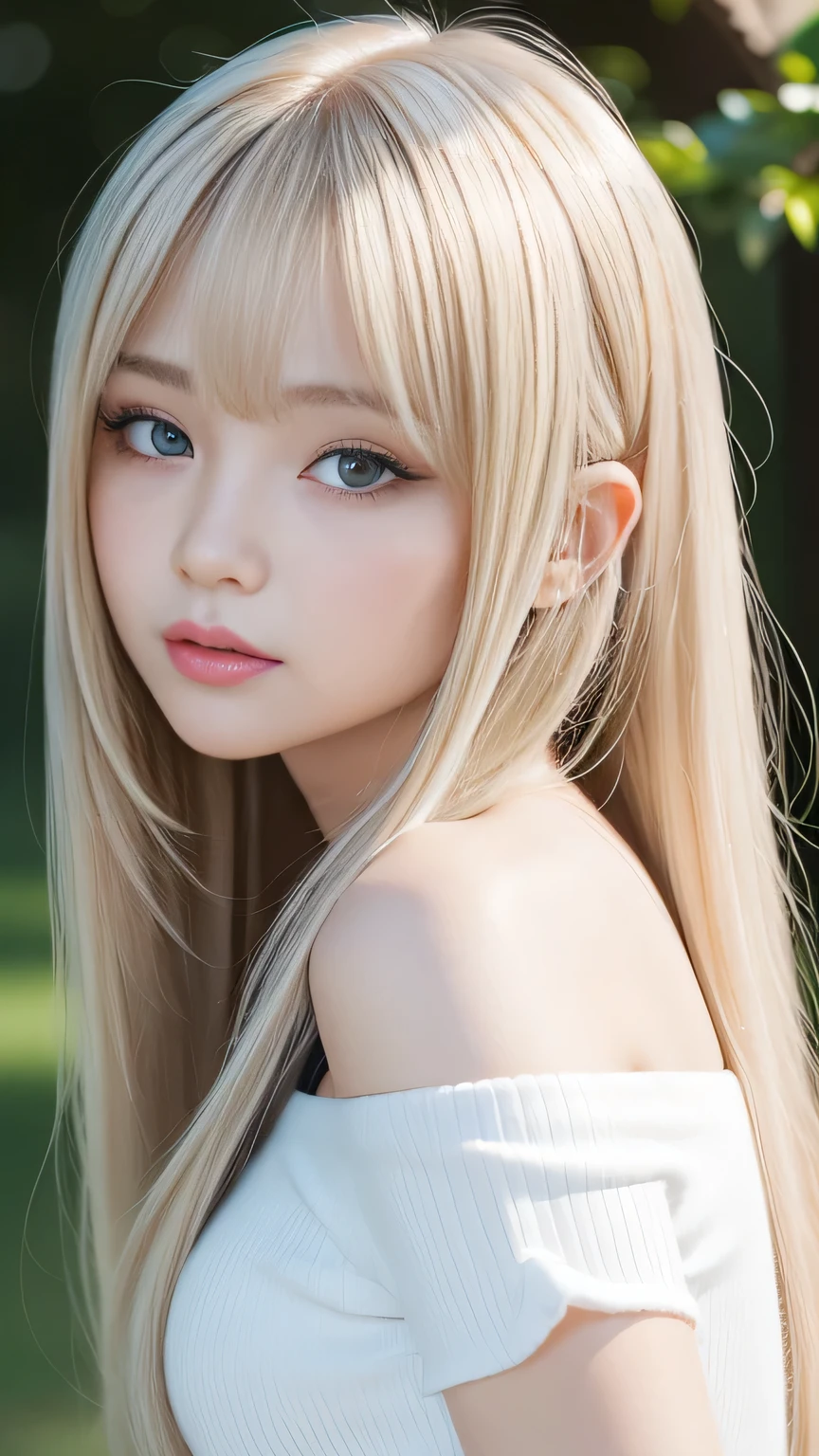 Silver Shiny Hair、Super long straight silky hair、Dazzling blonde, super long, silky hair、 cute little beautiful face、Beautiful girl、A radiant blonde dancing in front of a beautiful face、length, Silky bangs that cover the area between the eyes、so beautiful, bright, big, bright青い目、Very big eyes、Hair that hides the face、Sexy and cute young woman with super long bangs、Very white skin、Cheek Gloss Highlighter、Small Face Beauty、Colorful off-the-shoulder、Belly-baring T-shirt、Ample Bust