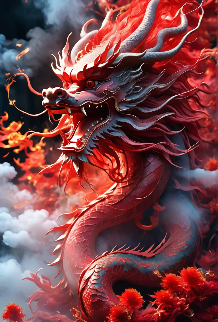 Highest quality, Realistic, On the poster of a Chinese TV drama, there is a red Chinese dragon, Solo,very tame, calm mood, vibrant Chinese dragon style, oshare kei, uhd image, maggismo, photobashing, red, safflower elements, smoke covered in dreamlike and delicate details, 8k