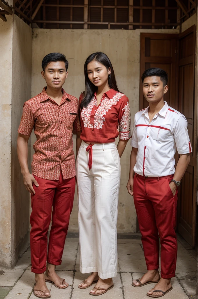 Show a picture of 2 Gabteng men and 2 beautiful 21 year old women holding red and white flags, wearing a red and white batik shirt, polite arms.length and trousers Writing "Wakatobi Generation Establishes Synergy, IN KEEPING THE STATE"