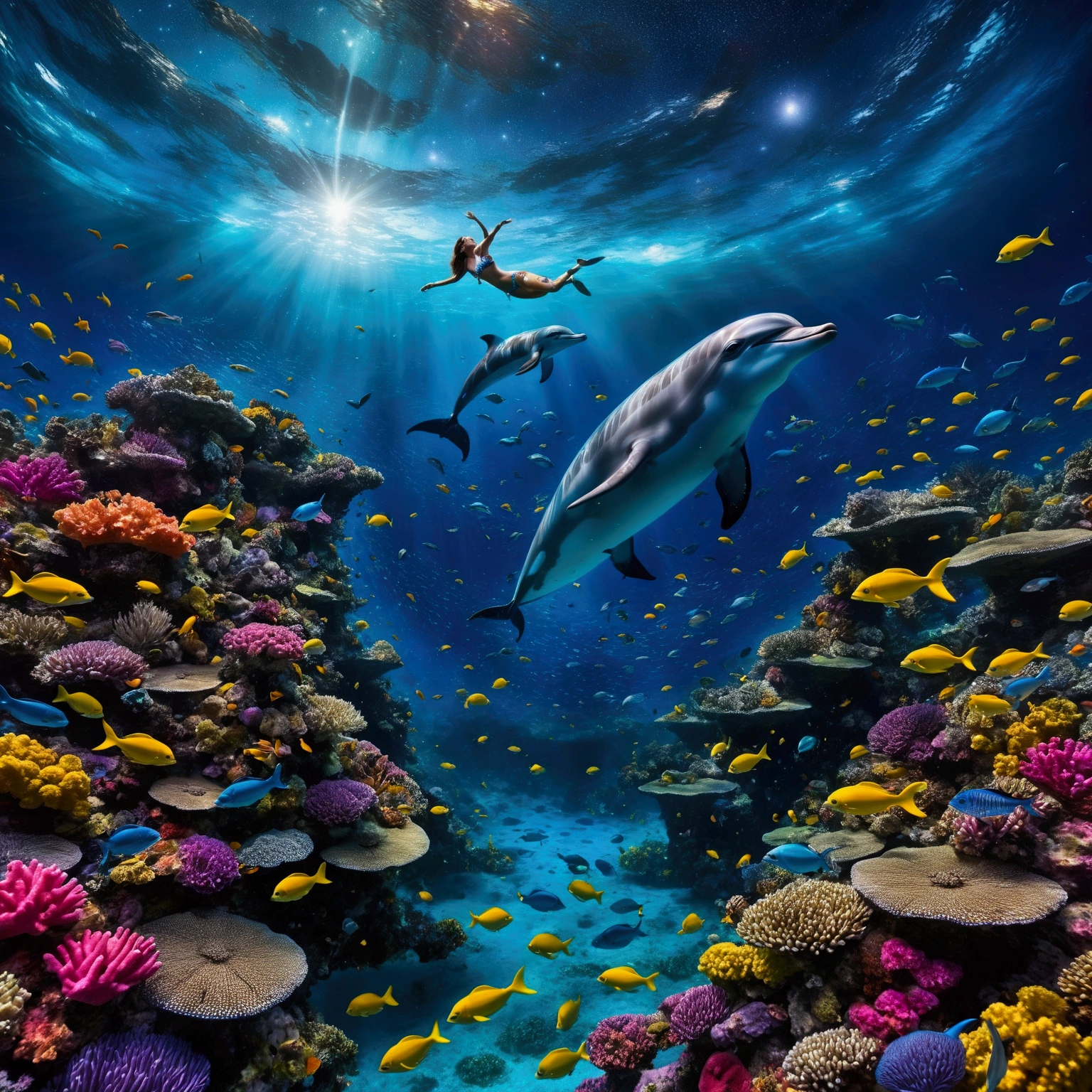 at night a fairytale underwater scene where dazzling coral reefs mingle with a myriad of shimmering fish. A bikini-clad woman snorkels in the midst of this vibrant ecosystem, surrounded by a symphony of colors and aquatic life. Above the surface, a huge, enigmatic eye emerges from swirling cosmic waves, creating a striking contrast. A majestic dolphin leaps through the starry air, where the night sky merges with the ocean, dotted with glittering galaxies. The whole scene is bathed in an atmosphere of dreams and magic, where every element evokes a fantastic and wonderful universe, full of mystery and wonder.