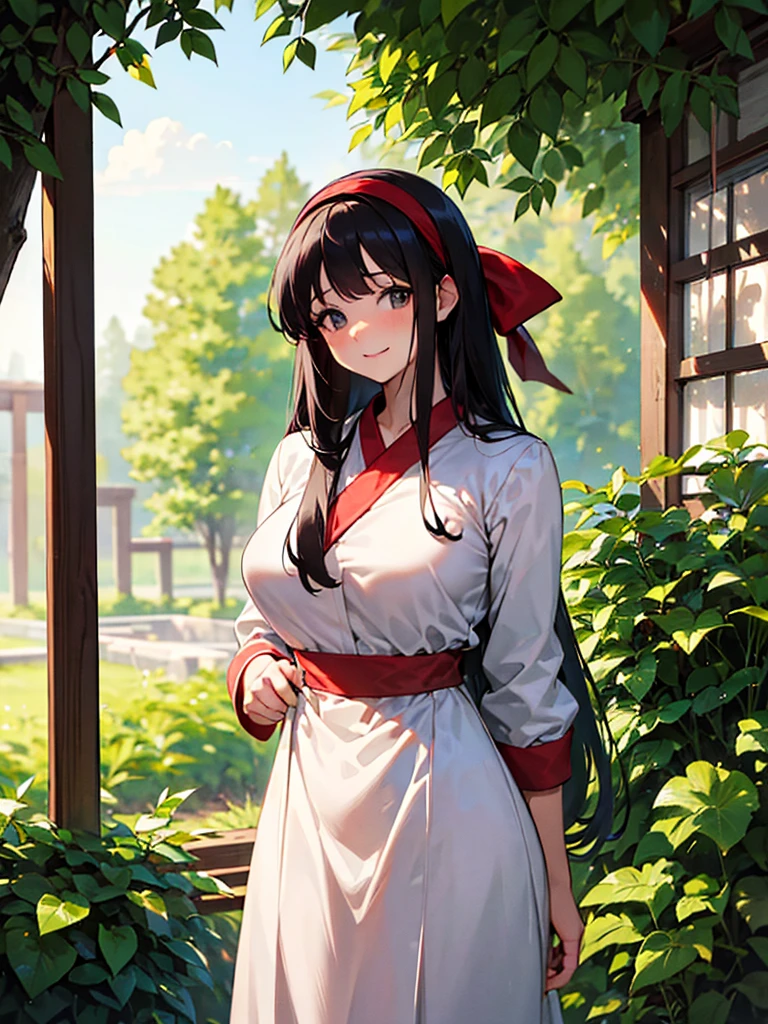 (masterpiece、top-quality、hight resolution), Create an image of a woman with a pure and innocent appearance, dressed in modest and elegant clothing. She should have an air of sophistication and refinement, with a gentle smile and a calm demeanor. The background can be a tasteful and upscale environment, such as a garden or a well-decorated room, emphasizing her outwardly pure and reputable persona. The image should subtly suggest a hidden, more promiscuous side without being explicit. ((red ribbon, hair band, Lady's dress, Glamorous body)), big tits