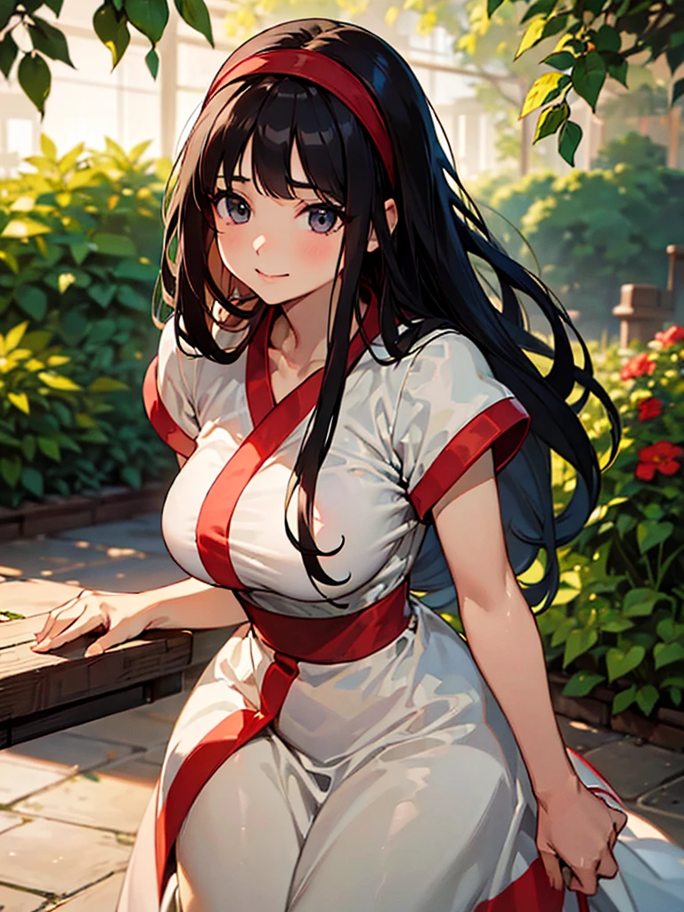 (masterpiece、top-quality、hight resolution), Create an image of a woman with a pure and innocent appearance, dressed in modest and elegant clothing. She should have an air of sophistication and refinement, with a gentle smile and a calm demeanor. The background can be a tasteful and upscale environment, such as a garden or a well-decorated room, emphasizing her outwardly pure and reputable persona. The image should subtly suggest a hidden, more promiscuous side without being explicit. ((red ribbon, hair band, Lady's dress, Glamorous body)), big tits