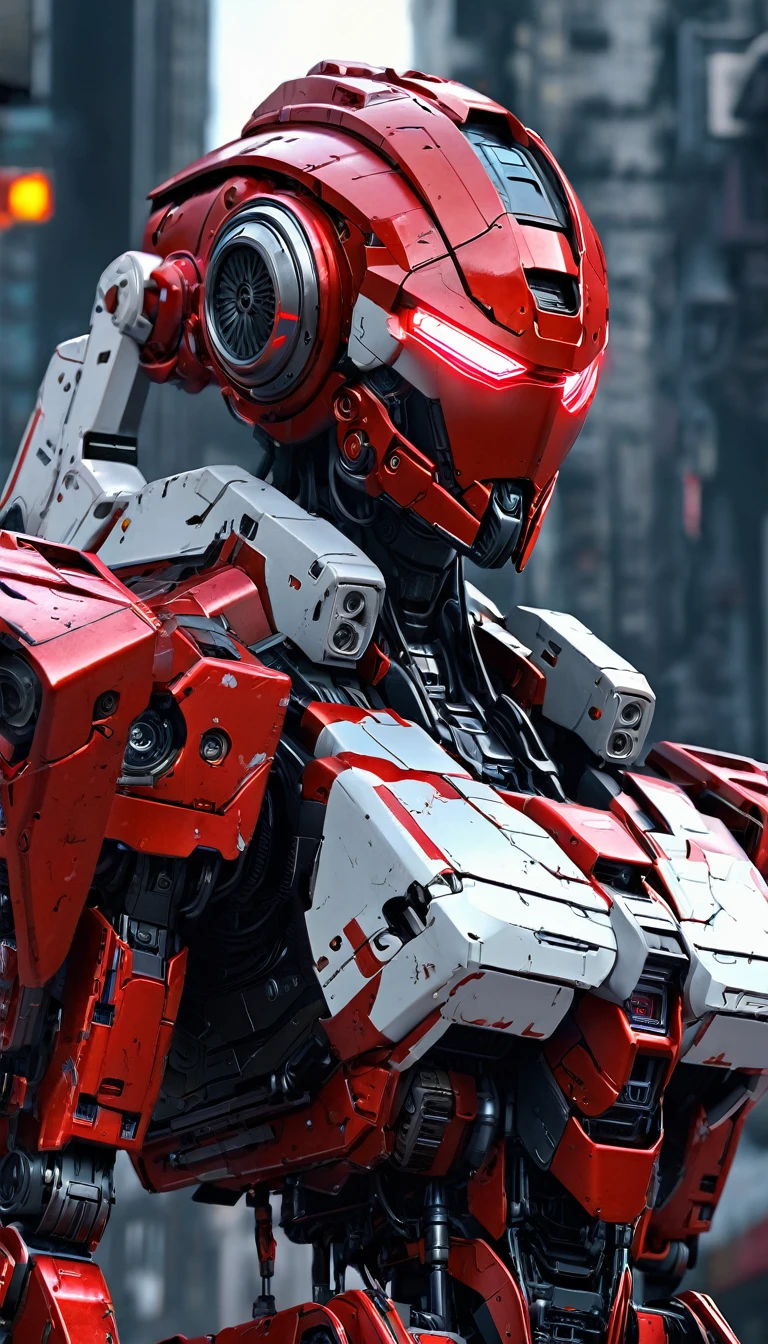 Red theme, mecha wings, cyberpunk, best quality, masterpiece, unmanned, full body, mechanical marvel, strong, moon, ruined city, highest quality digital art, stunning art, wallpaper 4k, highly detailed, military robot, army, war zone, dynamic lighting, movie, epic, damaged mechanical parts