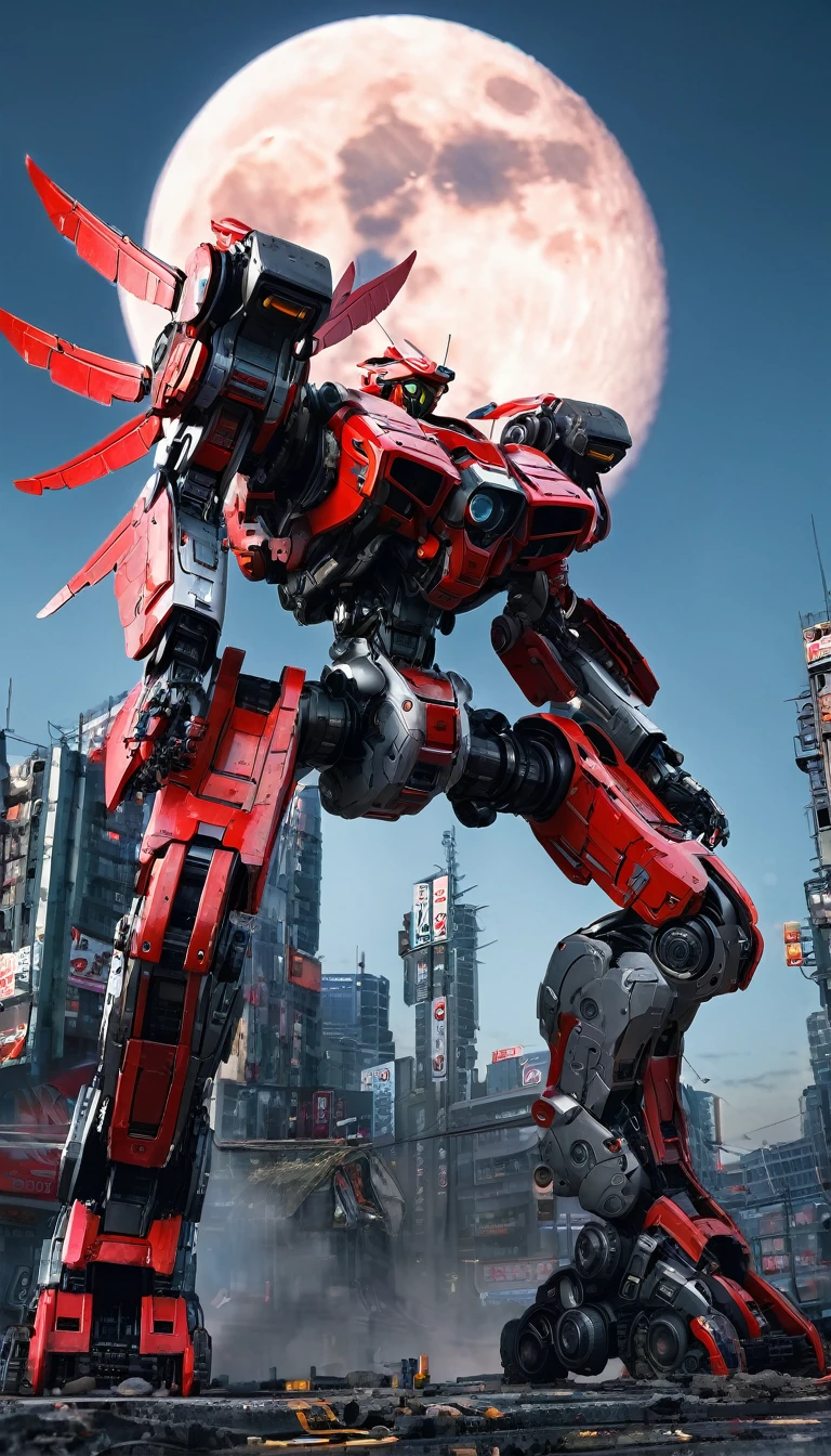 Red theme, mecha wings, cyberpunk, best quality, masterpiece, unmanned, full body, mechanical marvel, strong, moon, ruined city, highest quality digital art, stunning art, wallpaper 4k, highly detailed, military robot, army, war zone, dynamic lighting, movie, epic, damaged mechanical parts