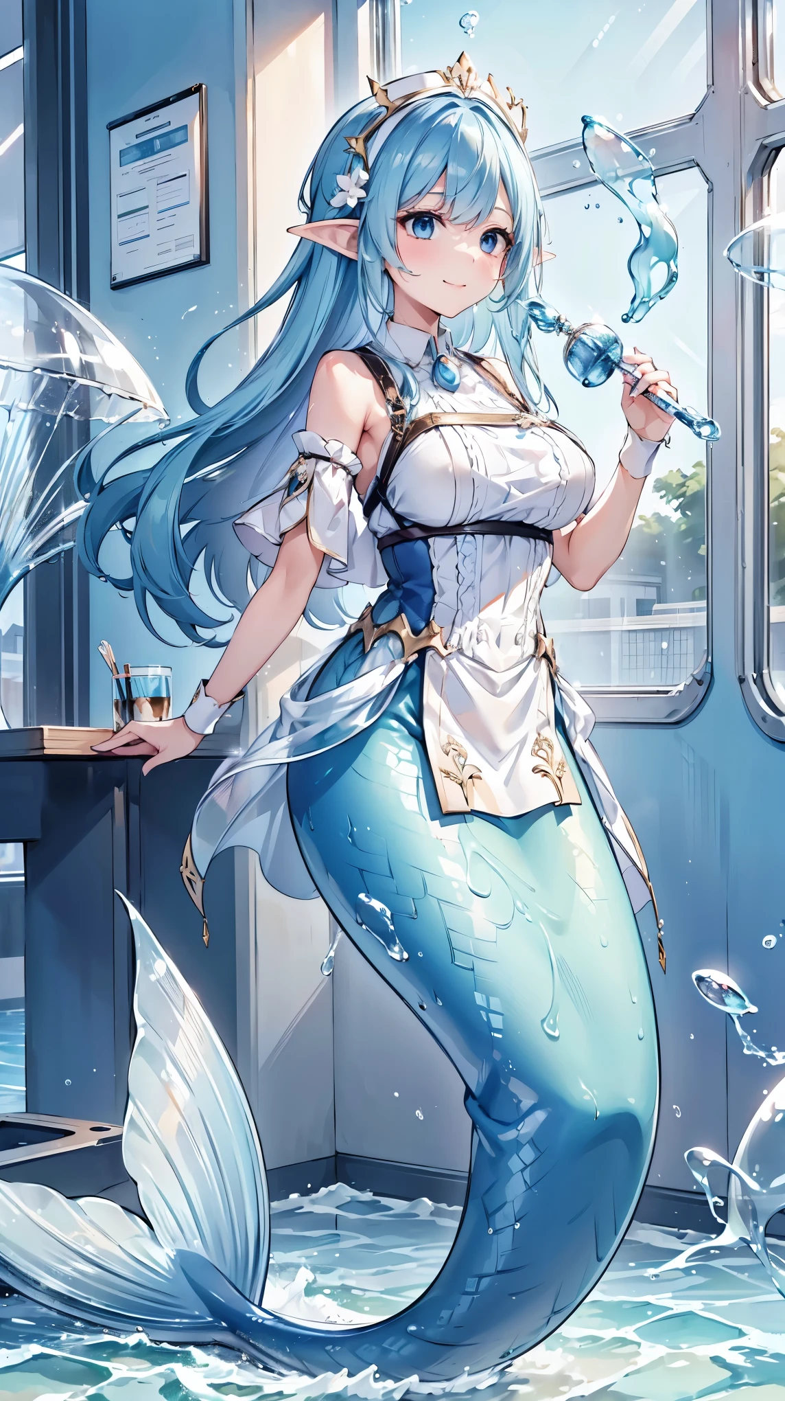 masterpiece, best quality,A girl,Blue Hair,White Dress,Ahoge,blue eyes, Elf ears,独奏,Large Breasts,Mermaid,蓝色的Mermaid尾巴,full-body shot,transportation facilities_against_window,blue theme, (in water:1.2), (air bubble:1.3), Inside the train, (surreal:1.2), (jellyfish:1.2), (whale:1.1),(fish:1.2),blurred foreground,charming face(Kawaii, charming,Soft),Looking at the audience,Smile