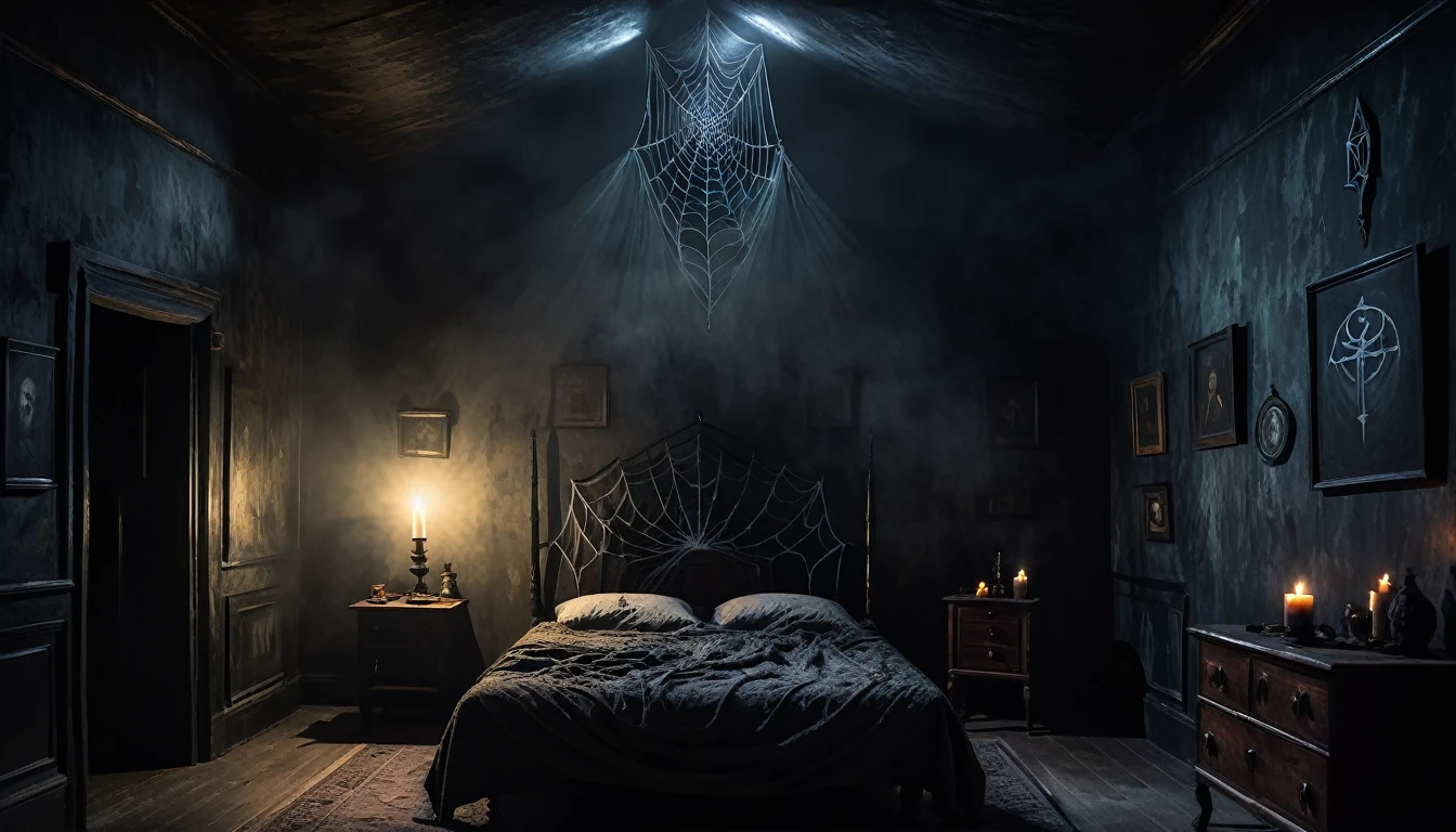 a simple small bedroom,a spooky atmosphere,night light,detailed interior,shadows,fog,cobweb,dusty,candle light,oil painting,cinematic lighting,dramatic shadows,moody colors,cool tones,muted palette,grunge,gritty,occult elements,occult symbols,dark academia aesthetic