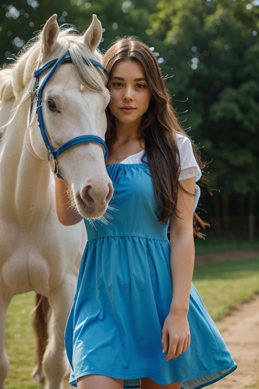 standing girl in a blue dress, with flowing hair near a white horse