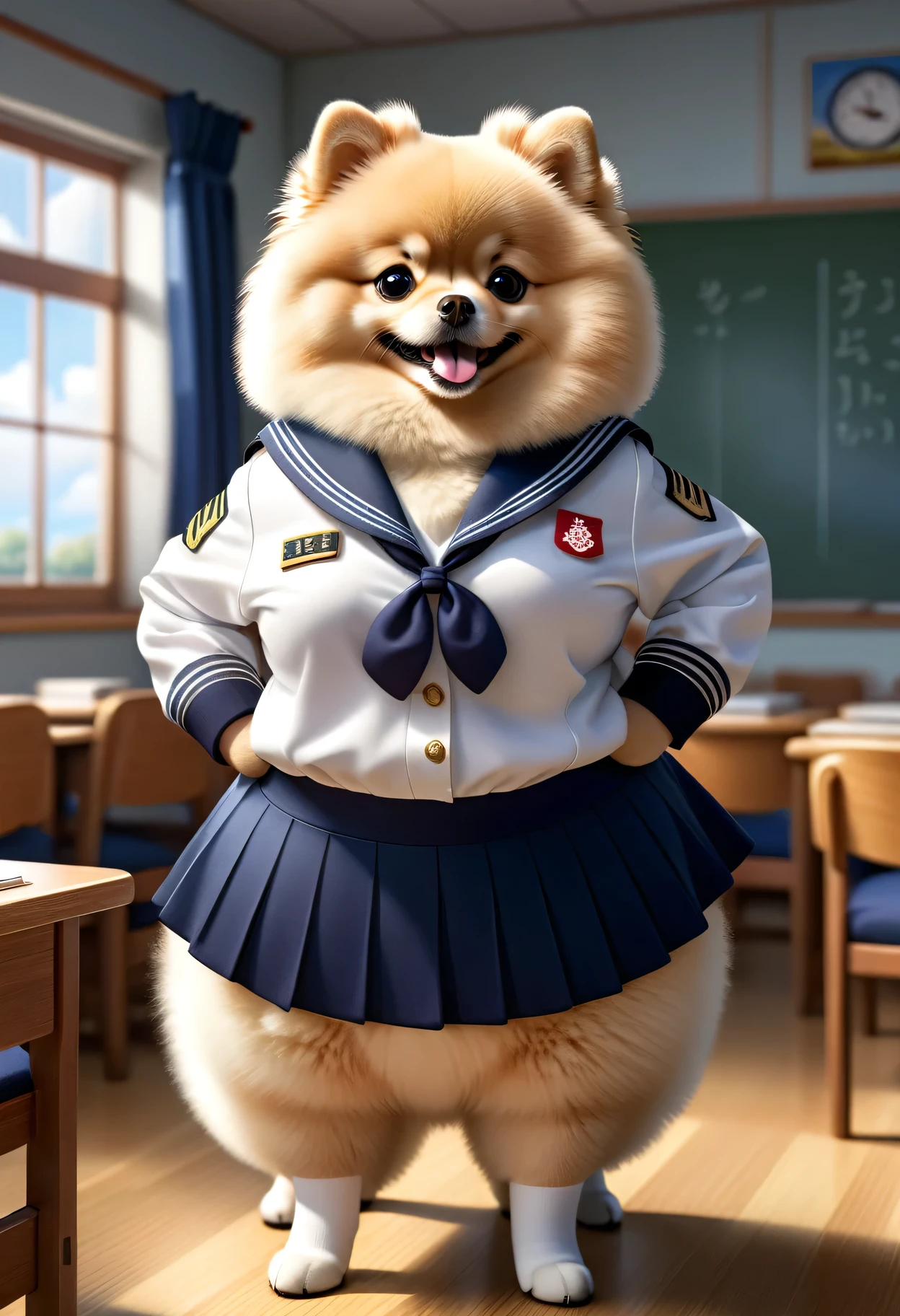  photorealistic portrait of Dressed animals-a ((fat)) (Pomeranian) student,(furry), (elegant pose:1.5), (hands on hips:1.5),(smile:1.5),high quality,(),(lovely) ,intricate details, Wearing Japanese sailor uniform , (), highly detailed ((female sailor uniform)) ,highly detailed clothes, high sox , (happy), soft lighting,(full body image:2.0),in classroom background,clouds,score_9, score_8_up, score_7_up, score_6_up, score_5_up, score_4_up,