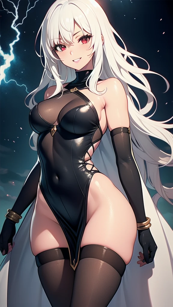 masterpiece, best quality, solo girl, white hair, red eyes, long hair, medium breasts, sexy body and face, wavy hair, smile, parted lips, gradient clothes, dress, elbow gloves, sleeveless, bare shoulders, cape, boots, bracelet, sleeveless dress, ribbon, black gloves, turtleneck, short dress, pantyhose, black footwear, night, sexy pose, cowboy shots, detailed body, face, and eyes, sharp focus, vibrant, creative, dynamic, high definition, high resolution, 8k, (Upscale: R-ESRGAN 4x+ Anime6mage enchance:4x), voluptuous body, cinema lightning, dakimakura style, looking at the viewer,