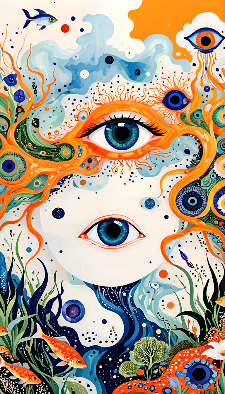 A cloud,、iris、fish、Tentacles、bird、Eye、diatom,Abstract mosaic painting,Describing the inner world of autistic people,Sense of space,White Space,interesting,Innocence,Psychedelic Art,Orange overall