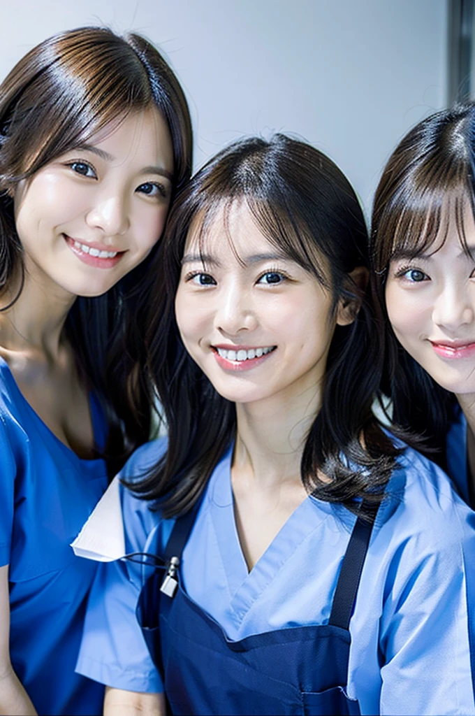 Dental hygienist, two women, wearing blue medical scrubs, Japanese, black hair, women in their early 20s Upper body close-up smile Photo shoot at the clinic Harmony々