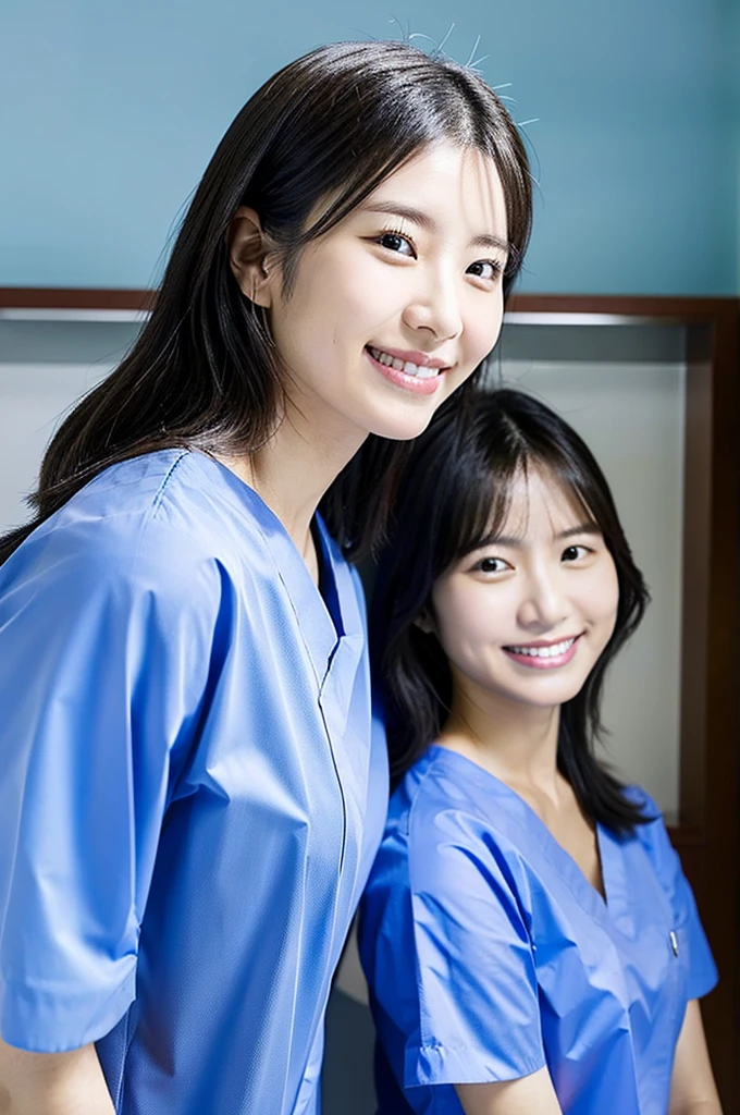 Dental hygienist, two women, wearing blue medical scrubs, Japanese, black hair, women in their early 20s Upper body close-up smile Photo shoot at the clinic Harmony々