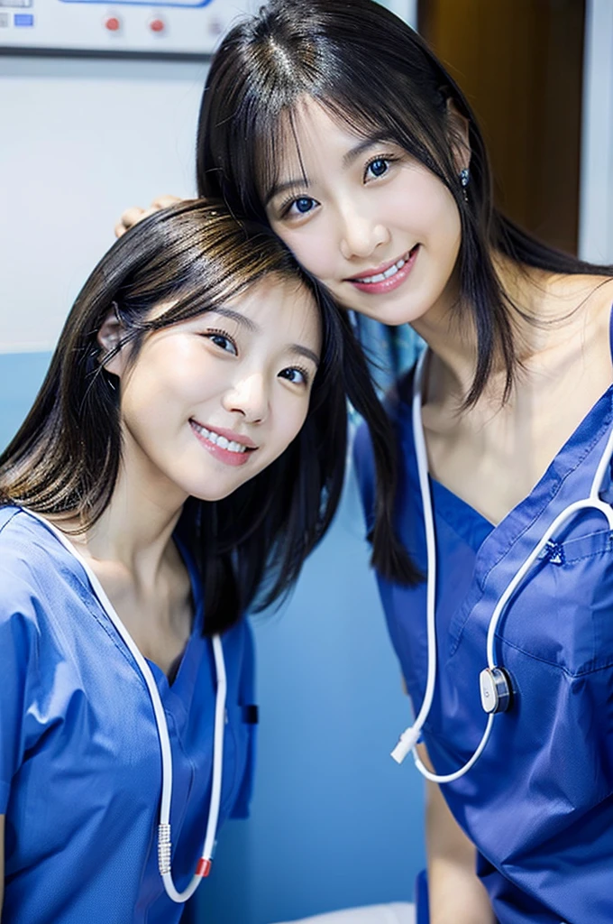Dental hygienist, two women, wearing blue medical scrubs, Japanese, black hair, women in their early 20s Upper body close-up smile Photo shoot at the clinic Harmony々