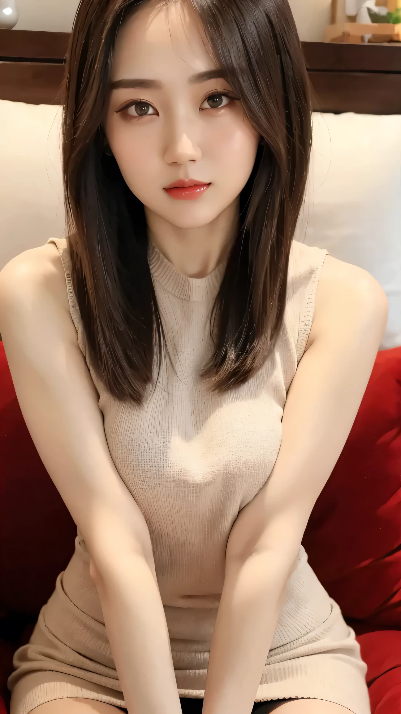 ((Highest quality,4K,High resolution,masterpiece:1.2)), 1 female, Big Breasts, Improve her overall look. (Brown hair short bob), ((Exquisite detail)), (Cat Paw Pose), (Standing still with confidence), (Full-body showcase), (Show your whole body), (Sleeveless knit), (mini skirt), Scenery of the city.