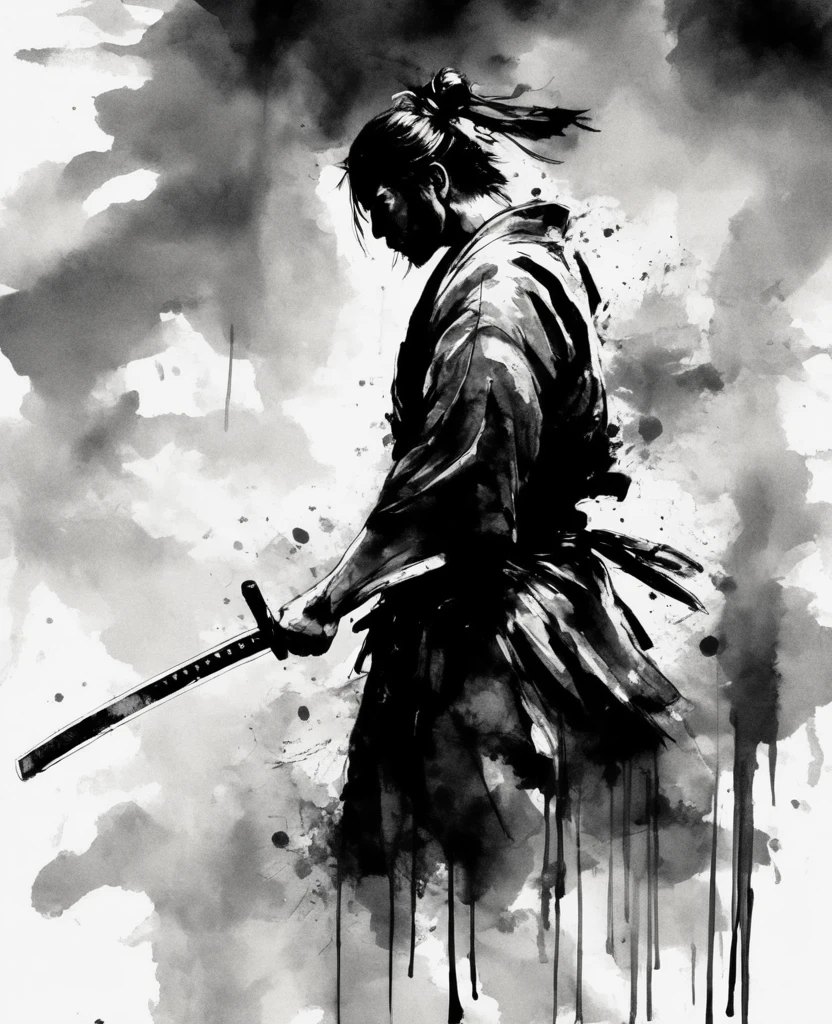 A samurai holding a sword in a black and white ink painting style