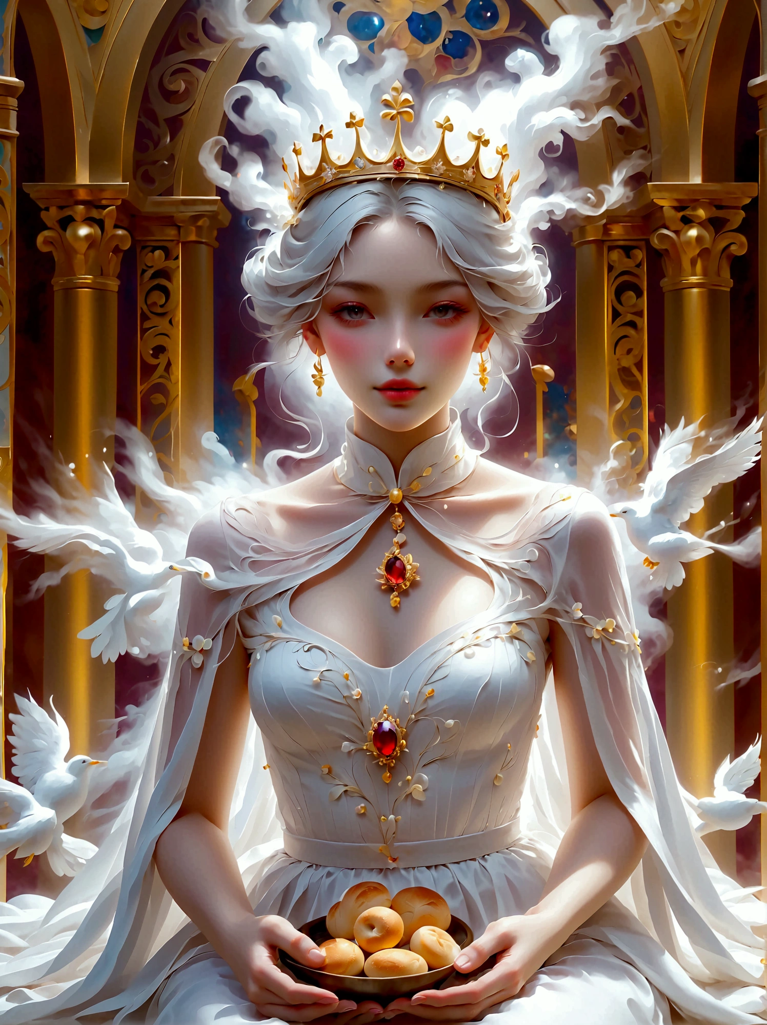 An effervescent woman, whose features represent a beautiful blend of multiple races, is seen seated on a throne in a fantastical city, reminiscent of descriptions of New Jerusalem, She radiates with an ethereal glow, embodying an essence of pure light. Her gown, a masterful design of purely white, is flowing and subtly merging into billows of white smoke that seems alive, evocative of the Holy Spirit, The same mystical smoke envelops her luminous crown, Amidst this divine spectacle, she is involved in the sacred act of communion, partaking dark red wine and holding bread in her hand