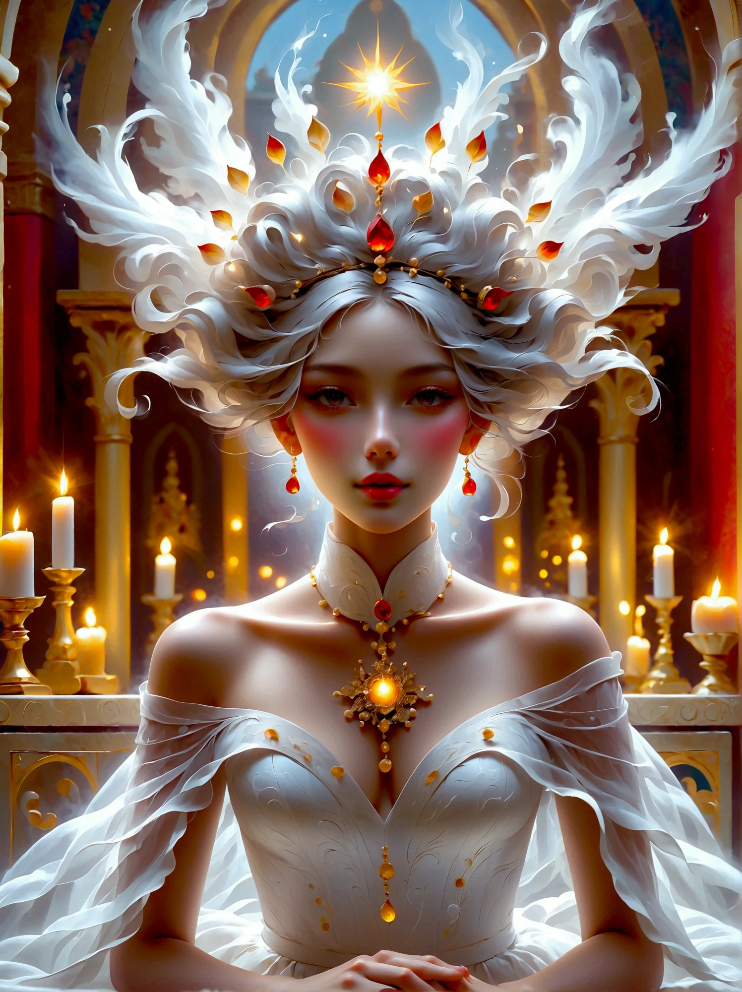 An effervescent woman, whose features represent a beautiful blend of multiple races, is seen seated on a throne in a fantastical city, reminiscent of descriptions of New Jerusalem, She radiates with an ethereal glow, embodying an essence of pure light. Her gown, a masterful design of purely white, is flowing and subtly merging into billows of white smoke that seems alive, evocative of the Holy Spirit, The same mystical smoke envelops her luminous crown, Amidst this divine spectacle, she is involved in the sacred act of communion, partaking dark red wine and holding bread in her hand