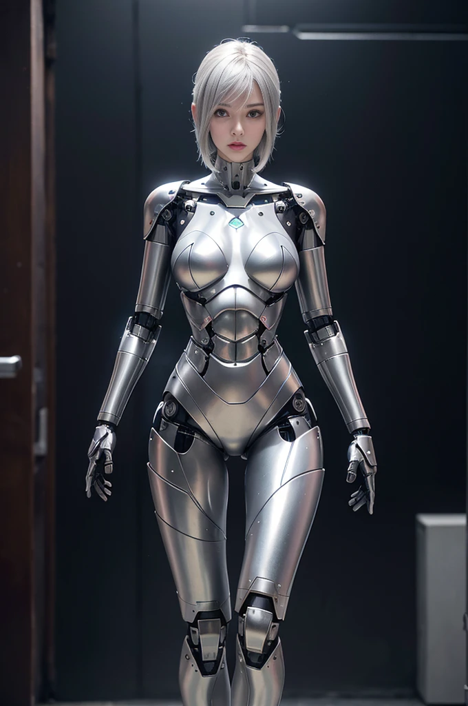 female robot, thin, skin part is only face, silver metal skin, full metal robot body, mechanical parts, electronic wire, cum in pussy, high quality, medium breasts, bob hair, tall, thigh gap, full body metal skin, wet, cum in pussy, metallic tits, separated breast, under repair, anatomical body, unreal engine, from below