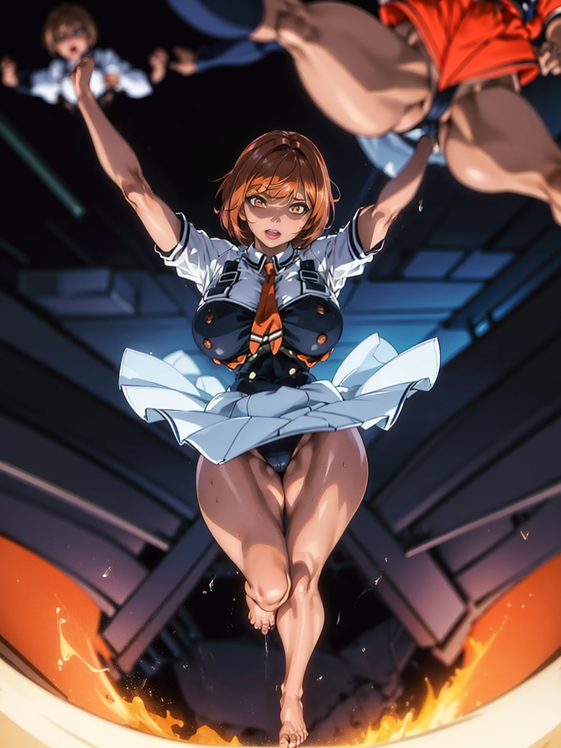 (Private n 4k)、(High resolution:1.2)、(High freshness:1.2)、、(Whole Body Ezbian:1.2)、((short hair:1.2))、(Huge, Lively, Fake breasts:1.4)、Deep Valley、(2 women with big:1.6))、Skin Dancing、 (Hard chest:1.6)、(Orange eyes)、(Perfect body:1.8)、Wide Hips, Thick thighs, Huge Ass、Skin dents、(barefoot:1.2)、(Great abs:1.4)、(Tight waist:1.4)、(Dark Skin:1.2)、(Skin glowing with oil)、(Brown Skin)、 、(Dynamic pose:1.2)、(Woman jumping with legs wide open:1.6)、(school uniform:1.6)、(School:1.6)