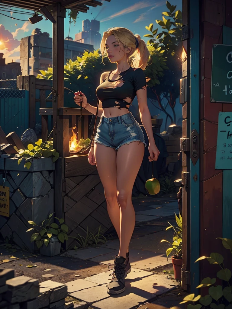 2076 year. The Urban Ruins of the Wasteland, Female huntress picking fruit in the garden, beautiful face, blonde, badly torn shirt and denim shorts , long legs, sweating through, sun rising, Nice warm colors, head to toe full body shot