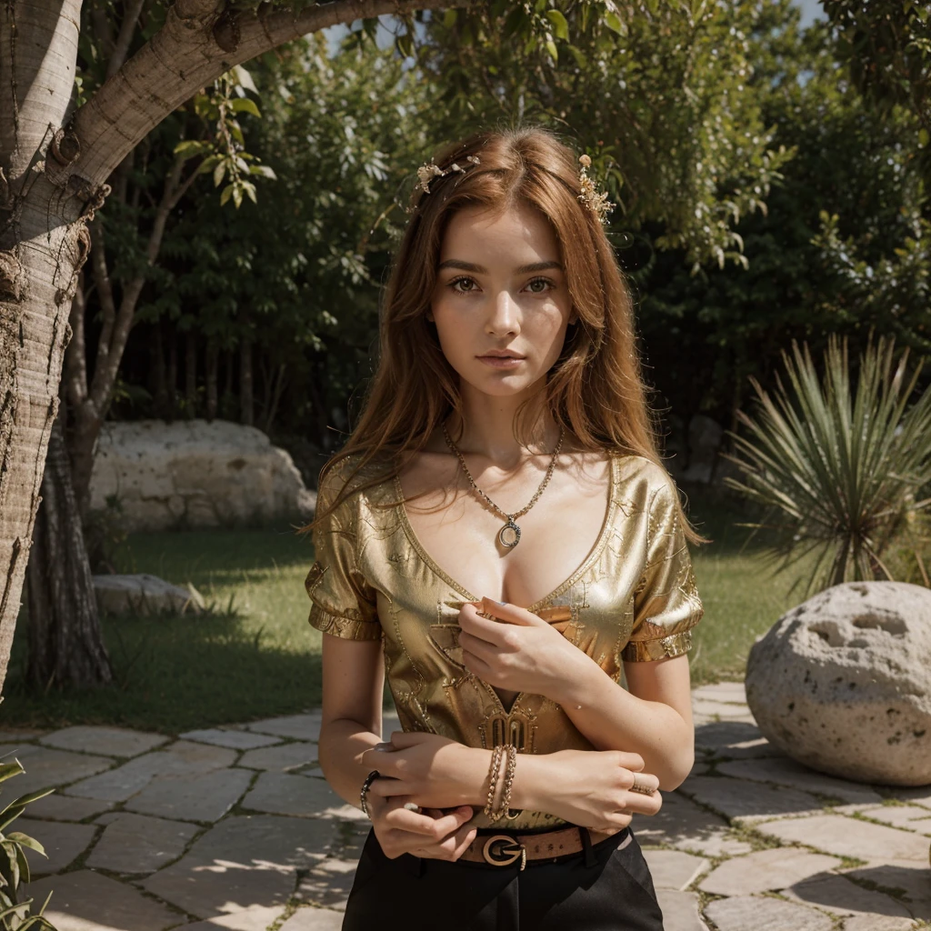 Génère moi la plus belle femme rousse de 25 ans du monde avec un visage ultra réaliste et ultra détaillé unique et très originale , une tenue luxueuse des plus grande boutique de luxe, des bijoux luxueux des plus grandes marques de bijoux ainsi que des accessoires ceintures …. De la marque Gucci avec un fond d’un paysage de nature tout ça en 8k rtx full graphisme