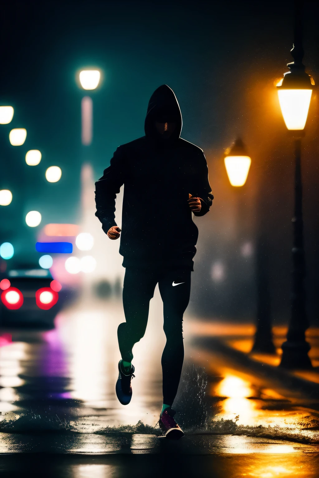 In the heart of a tempestuous night, a dark shadow unfolds, revealing a figure clad in a hoodie, engrossed in the rhythm of jogging. Raindrops cascade around him, each droplet illuminated by the distant streetlamp, creating a mesmerizing spectacle of light and shadow. The hood obscures his face, leaving a sense of mystery and intrigue. This high-quality image, captured in exquisite detail in 8k, showcases the dynamic pose of the jogger, the splash of each footfall echoing in the stillness of the night. The cinematic lighting enhances the mood, casting deep shadows that dance around the figure, while