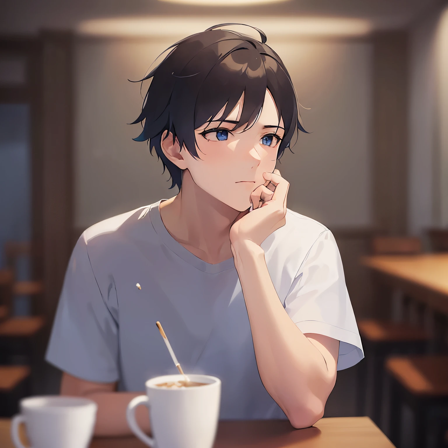 (looking away:1.5),upper body、( stroking own chin:1.5),profile、
shiny skin, masterpiece、Highest quality、(25-year-old male:1.5) and (Black short hair) and (blue eyes)
(white) and (T-Shirts),汗
thinking、The background is the dining room at night、(Alone:1.5)