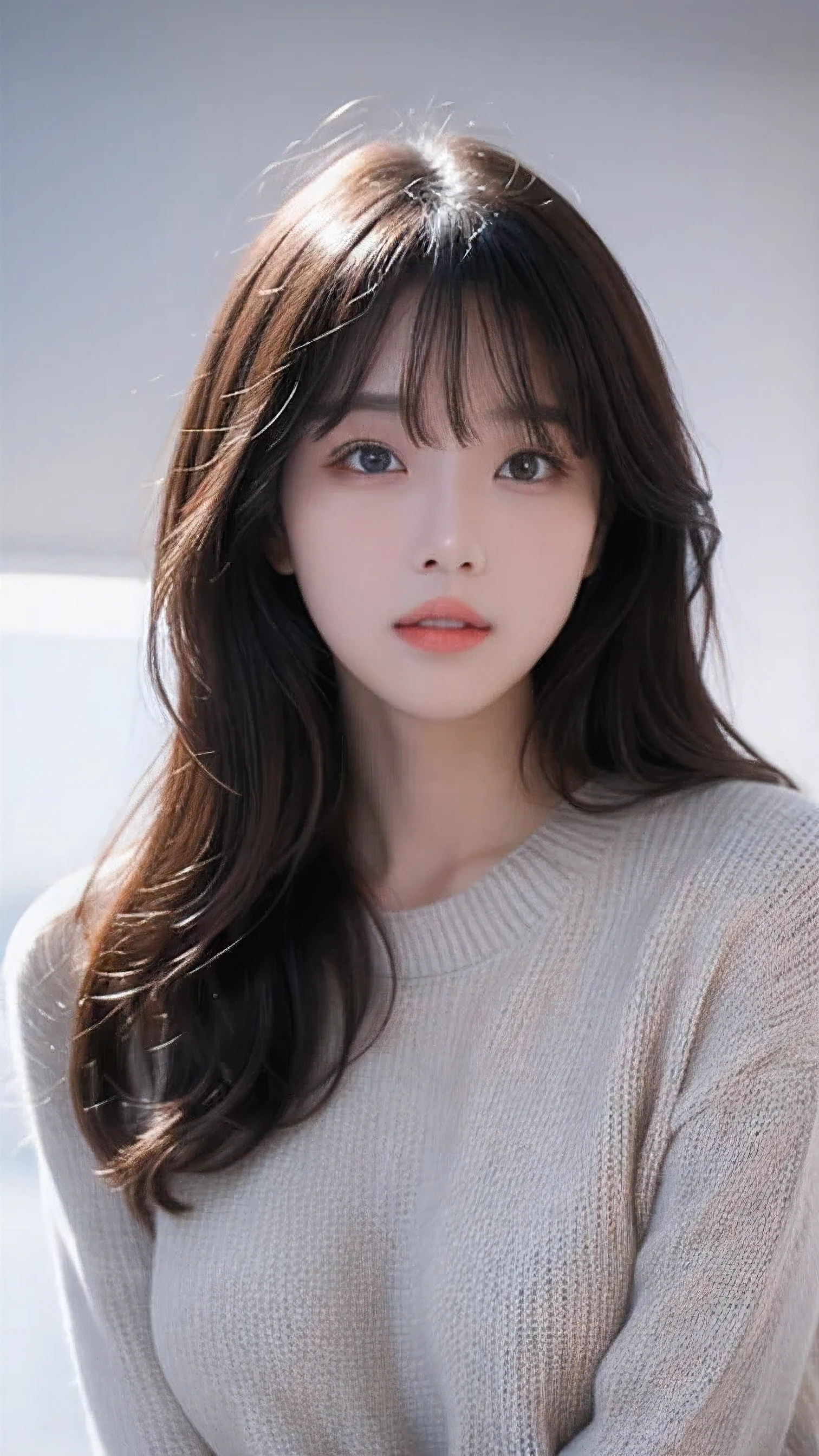 masterpiece, Highest quality, Very detailedな, To the camera, Very detailedな, Actual, Sharp features, Very detailed, Sharp focus, Perfect Face, Perfect Face, Perfect eyes with perfect symmetry, Fuller, plumper lips, Flexible female form, Cinematic, Cinema Lighting, Very detailedな, hyper Actual, masterpiece, Atmospheric, High resolution, Lively, Dynamic Studio Lighting, National Science Foundation, ((Dark Background)), Sexy Face, Facial expressions when happy, Straight bangs, Big Breasts, Bare grooves, blue eyes,Black sweater,