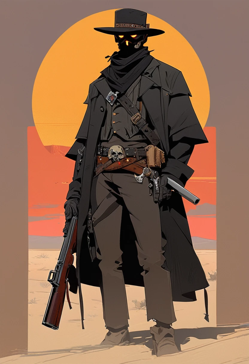 score_9, score_8_up, score_7_up, score_6_up, score_5_up, score_4_up, 1man, Western, Desert, red sun, scorching sun, arid, Horizon, far away, Wild West, red dead Redemption, cartoon art style, Holstered pistol, ready to draw, black hat, black overcoat, dark, Bandit, old west town, City, Skull belt, cloth mask with skull design