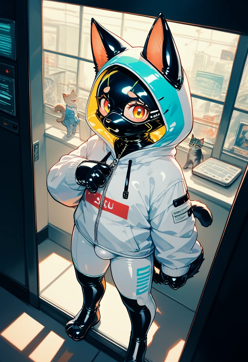Highest quality, Highest quality, High quality illustrations, masterpiece, Ultra-high resolution, Detailed Background, Games Room, Absurd, Perfect Anatomy, performance, Good lighting, Shadows in the movies(kemono, Furry PersonifiCation), Cat, Dark Skin, Rubber suit, Rubber suit, latex, neon, neonライト, neonカラー, Rubber spats, White rubber hoodie, Rubber mask, ribbon, Embarrassing, Null bulge, male, juvenile, From above