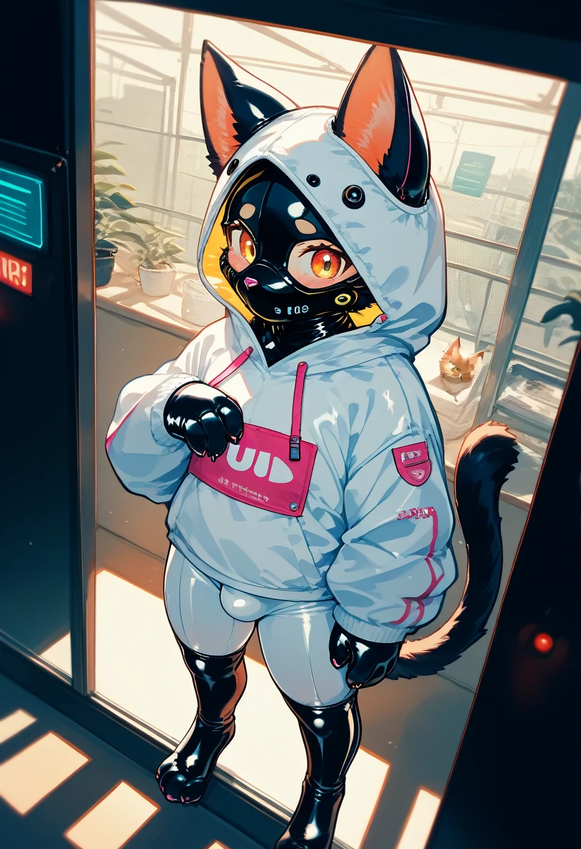 Highest quality, Highest quality, High quality illustrations, masterpiece, Ultra-high resolution, Detailed Background, Games Room, Absurd, Perfect Anatomy, performance, Good lighting, Shadows in the movies(kemono, Furry PersonifiCation), Cat, Dark Skin, Rubber suit, Rubber suit, latex, neon, neonライト, neonカラー, Rubber spats, White rubber hoodie, Rubber mask, ribbon, Embarrassing, Null bulge, male, juvenile, From above