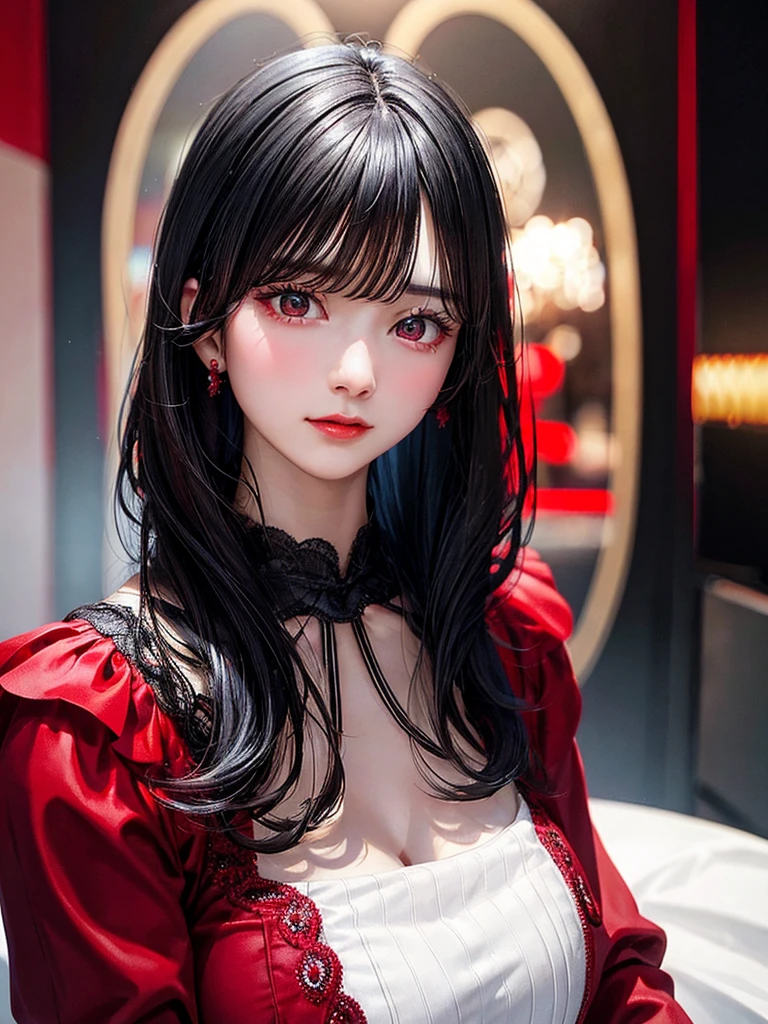 a beautiful woman with short black hair, wearing a red dress, with a medium bust size, against a black background, ultra realistic, ultra detailed, high quality, best quality, masterpiece, HD, 4K, 70mm lens