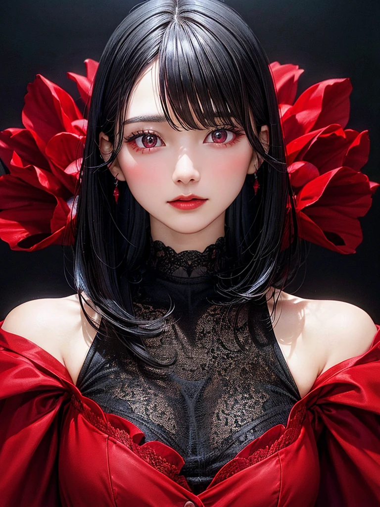 a beautiful woman with short black hair, wearing a red dress, with a medium bust size, against a black background, ultra realistic, ultra detailed, high quality, best quality, masterpiece, HD, 4K, 70mm lens