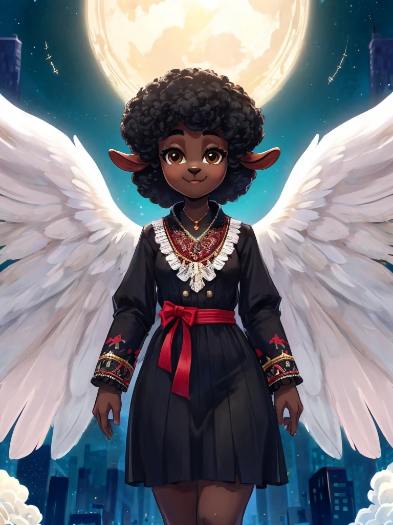 One cute anthro, black sheep woman, anthro black sheep, angel, sheep furry, sheep angel, black sheep, innocent, motherly, androgynous, dark skin, black woman, short afro hair, black hair, ((cartoony)), ((cute)), smiling, cute clothes, modest clothes, adorable, dark color scheme, black gray brown dark green maroon emerald and burgundy color scheme, old, elderly woman, cartoony, adorable, sheep tail, brown eyes, angel wings, bugs, bustling city, big city, heaven, white buildings, angels, wearing a dress with a fitted bodice with a high neckline and long sleeves adorned with lace, ruffles, and intricate embroidery and a full, floor-length skirt decorated with ribbon trim and a fashionable cape or cloak with fur trim along with large elaborate hats with wide brims and delicate jewelry such as brooches cameo necklaces and earrings made of pearls or small diamonds also high-button boots made of leather, often with a slight heel